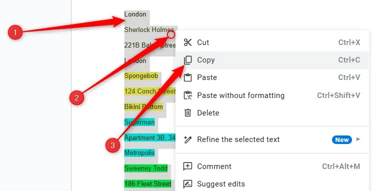 Some text in Google Docs is highlighted, and Copy is selected in the right-click menu.