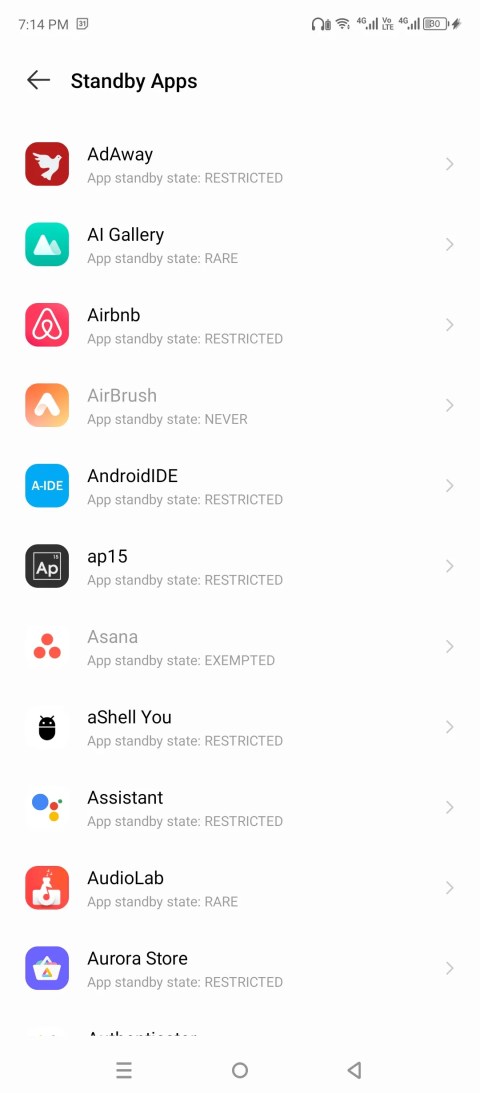 Standby apps interface on Android.