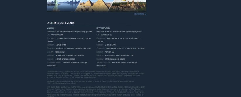 The recommended specs for Microsoft Flight Simulator 2024 on Steam.