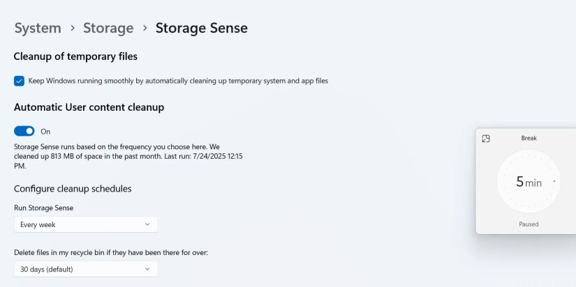 Storage Sense settings in Windows 11.