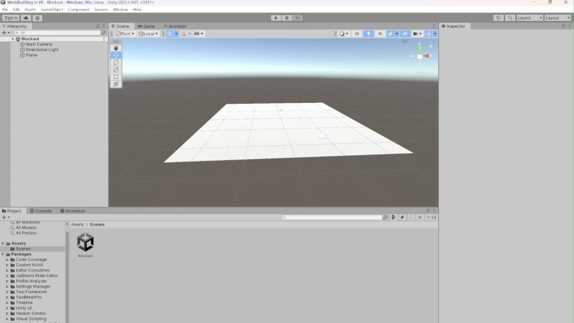 The editing screen of Unity showing a blank plane in space, the assets folder is open to the scenes