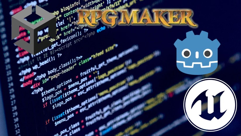 The logos of Unity, Unreal Engine, Godot, and RPG Maker in front of a screen of code