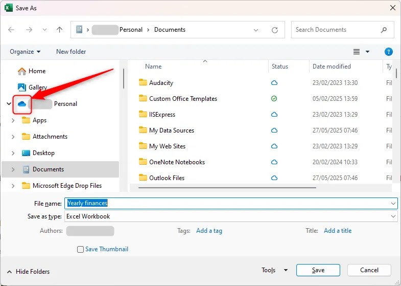The OneDrive icon is highlighted in Excel&rsquo;s Save As dialog box.
