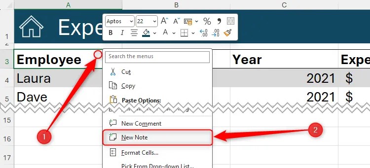 The right-click menu in an Excel cell is expanded, and New Note is selected.