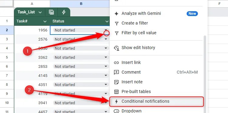 The right-click menu of a cell in Google Sheets is expanded, and Conditional Notifications is selected.
