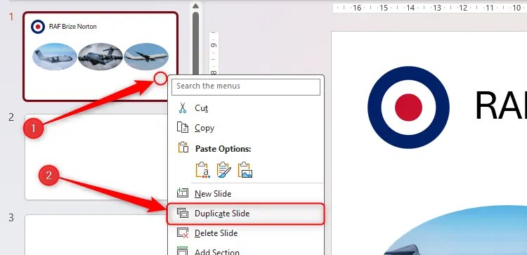 The right-click menu on a slide thumbnail in PowerPoint is expanded, and Duplicate Slide is selected.