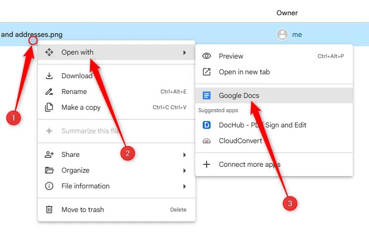 The right-click menu on an image file in Google Drive is expanded, and the option to open it in Google Docs is selected.