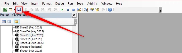 The Save icon in Excel&rsquo;s VBA window is selected.