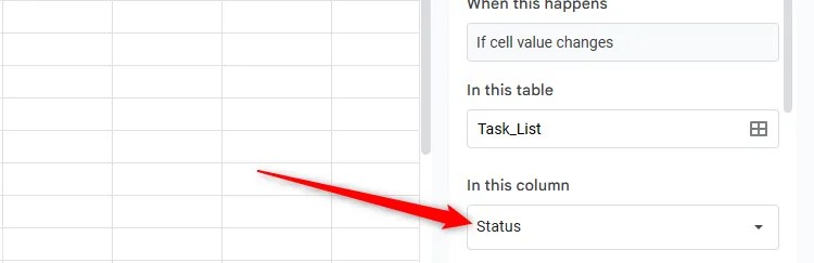 The Status column is selected in the In This Column field in Google Sheets' conditional notifications pane.