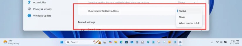 The taskbar with small taskbar icons with setting highlighted in a red box.