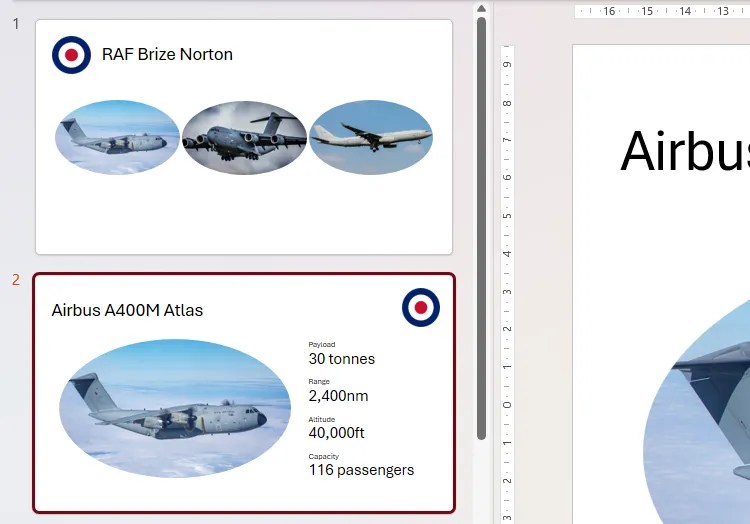 Two slides in PowerPoint&rsquo;s thumbnail pane, with certain items duplicated, moved, or deleted from one slide to the next.