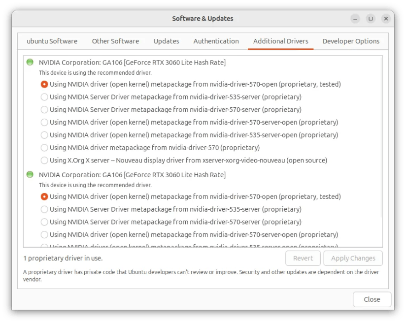 Ubuntu software and updater hardware driver section.