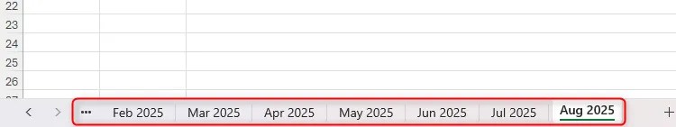 Various worksheet tabs in Excel named Feb 2025 to Aug 2025.