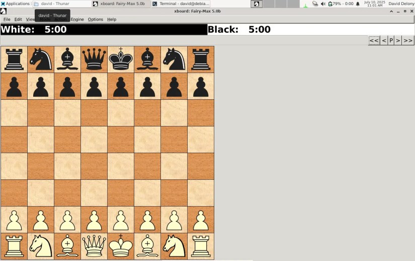 XBoard chessboard display window in Linux.