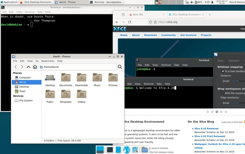 Xfce desktop open with Thunar file manager, Firefox web browser, and terminal window.