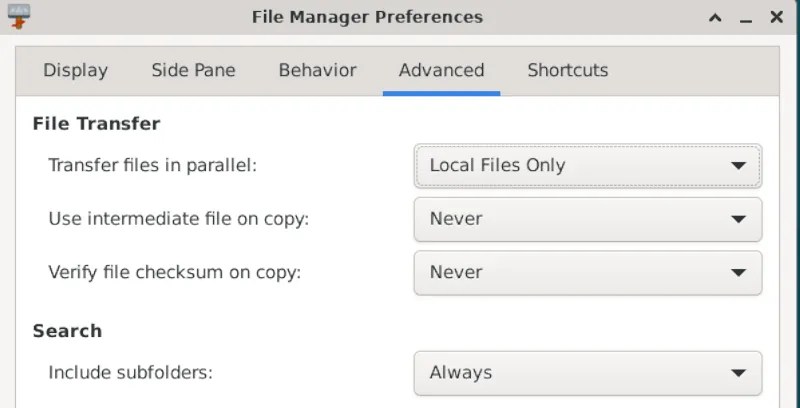 Xfce file manager preferences menu.
