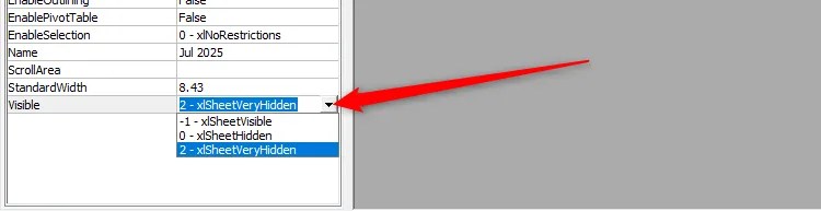 xlSheetVeryHidden is selected in the Visible drop-down menu of Excel&rsquo;s VBA Project Manager pane.