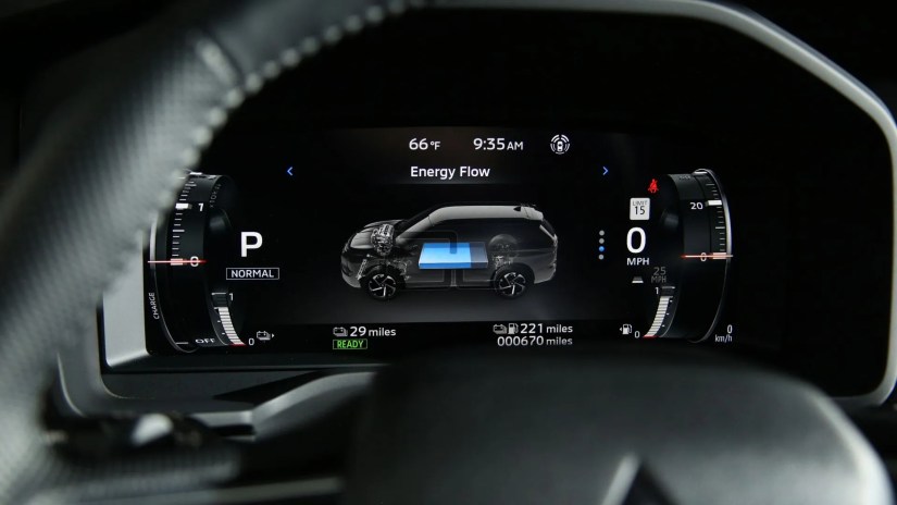 Close-up shot of the digital instrument cluster in a 2025 Mitsubishi Outlander Plug-in Hybrid.