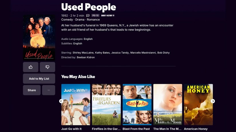 A screenshot of &lsquo;Used People&rsquo; and several related movies on Tubi.