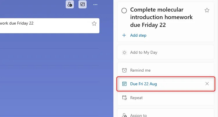 A task in Microsoft To Do with a due date assigned to it.
