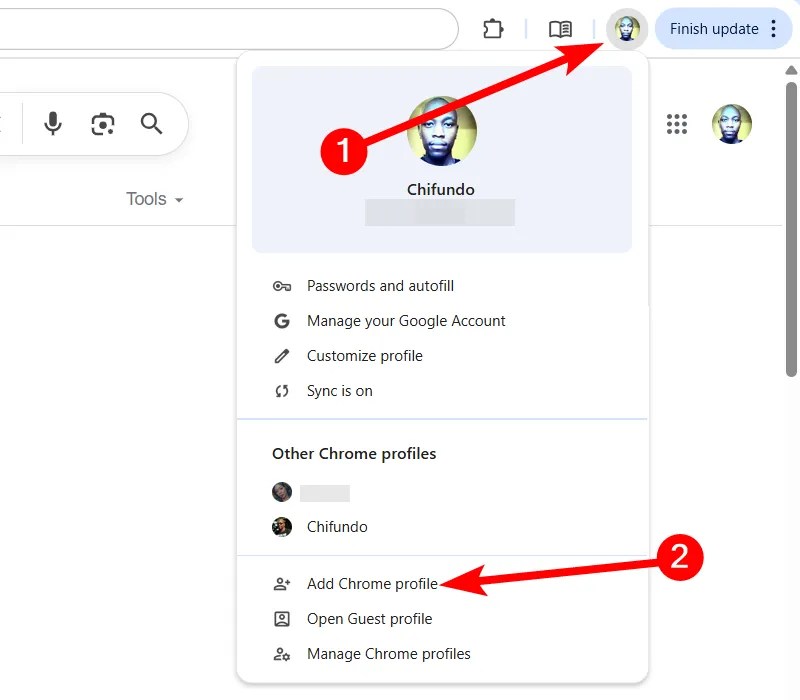 Selecting &ldquo;Add Chrome Profile&rdquo; in pop-up.
