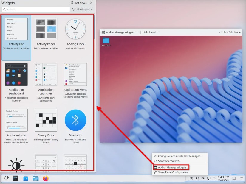 Adding a widget to the KDE Plasma panel.-2