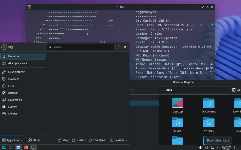 CachyOS desktop with an application launcher, file browser, and terminal open.
