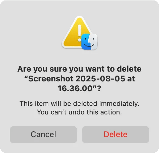 Confirm permanent file deletion on macOS.