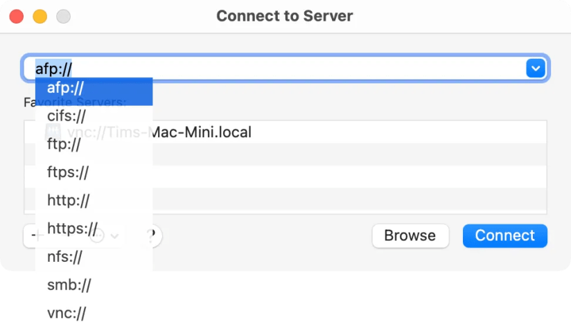 Connect to Server dialog in macOS Finder.