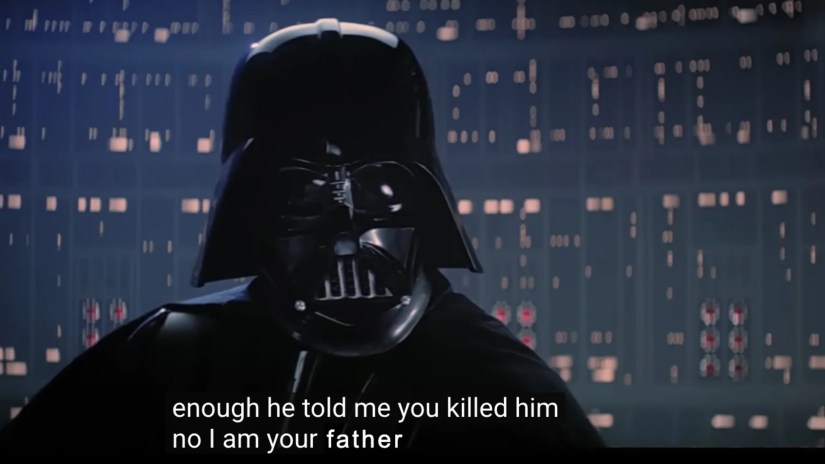 Screenshot from a YouTube video of the I am Your Father Star Wars scene.