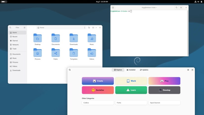 Debian Linux 13 Gnome desktop with a file browser, terminal, and software center open.