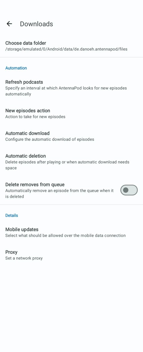 Download settings in AntennaPod.