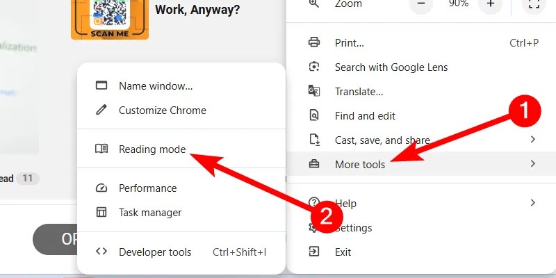 Enabling reading mode in Chrome.
