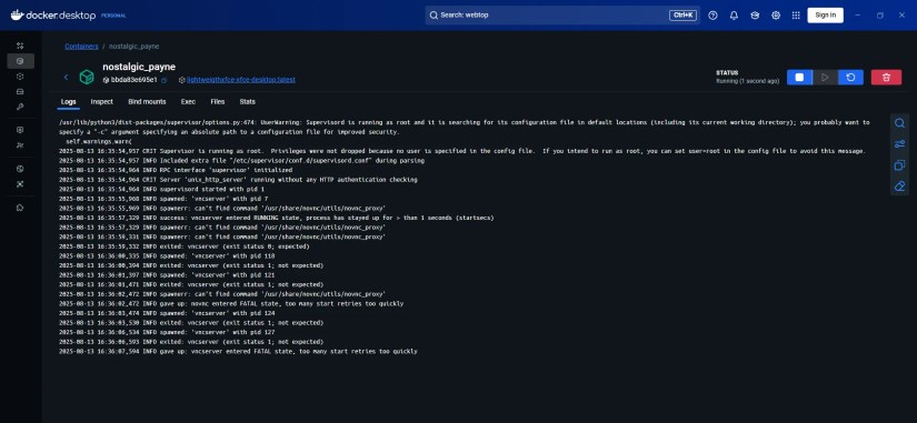 Docker window showing failure to start a container
