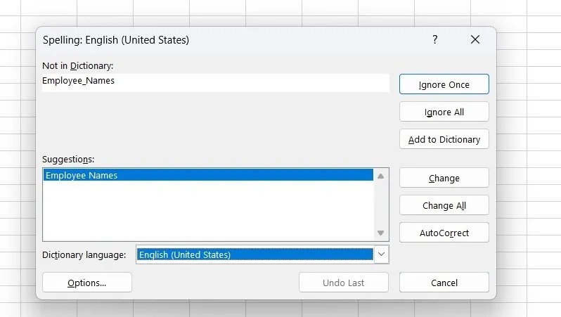 Excel spell check dialog box