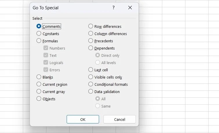 Go-to special dialog box shwoing various options