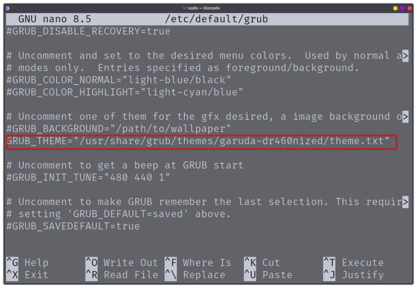 GRUB THEME variable inside the GRUB config file.