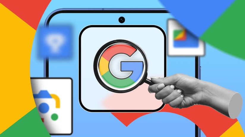 Hand holding a magnifying glass over the Google logo on a phone screen, with blurred Google app icons in the background.