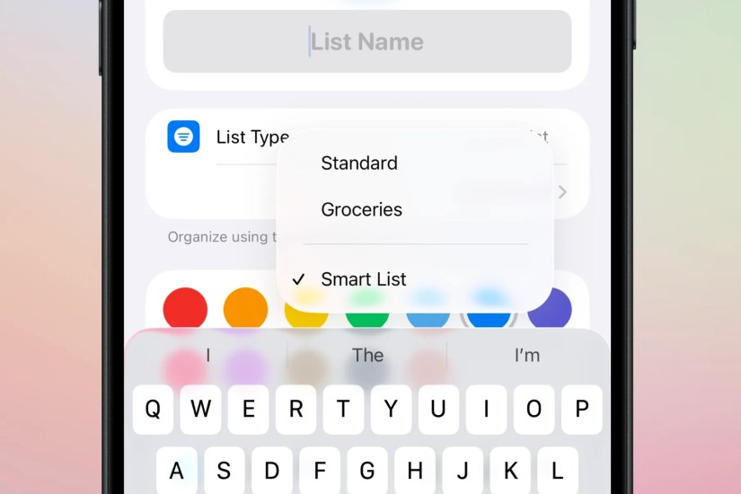 Selecting the &ldquo;Smart List&rdquo; option in the Reminders app to start creating one.