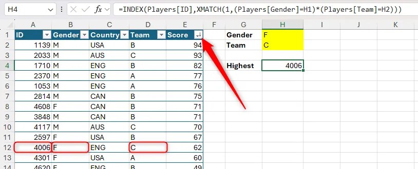 INDEX and XMATCH being used in Excel to return a player ID based on two criteria.