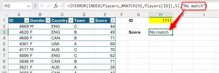 INDEX and XMATCH being used with IFERROR to return the words &lsquo;No match&rsquo; when there&rsquo;s no match.