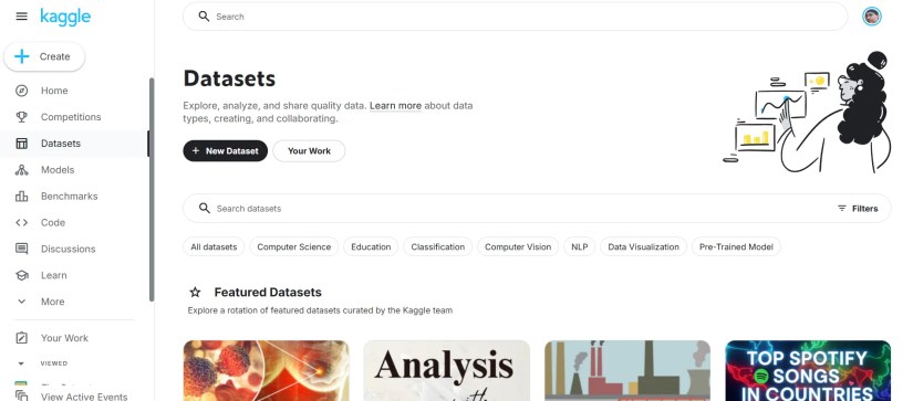 Kaggle datasets listing on their website.