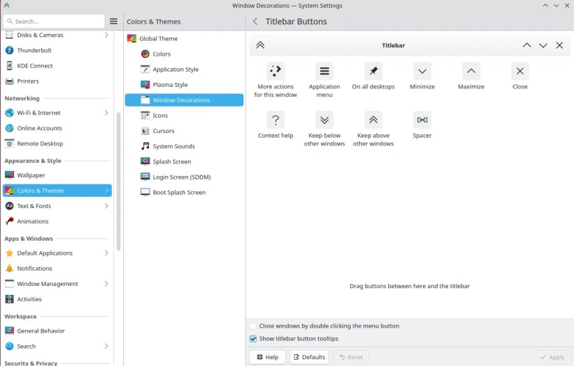 KDE Plasma settings app configuring titlebar buttons.