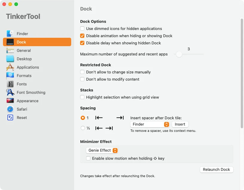 The TinkerTool page showing Dock settings which include options to disabled animations, fix the Dock size and contents, and change the minimizer effect.