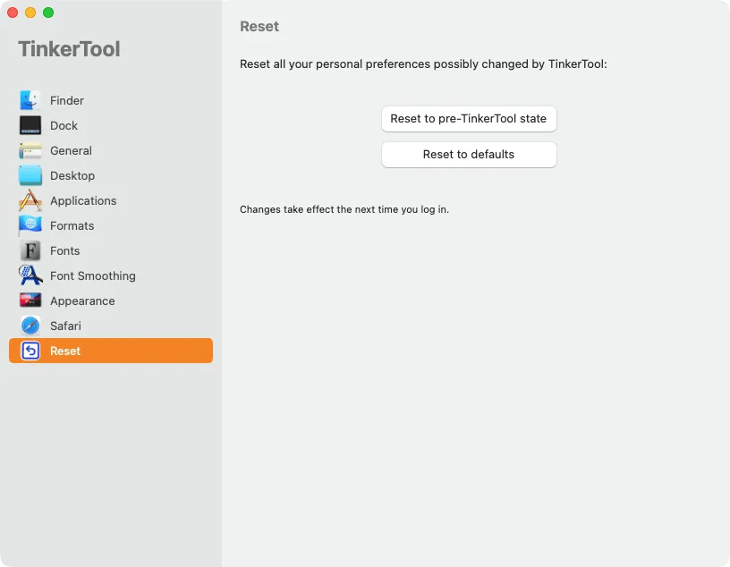 TinkerTool&rsquo;s reset page lets you reset the app&rsquo;s settings and all non-default changes.