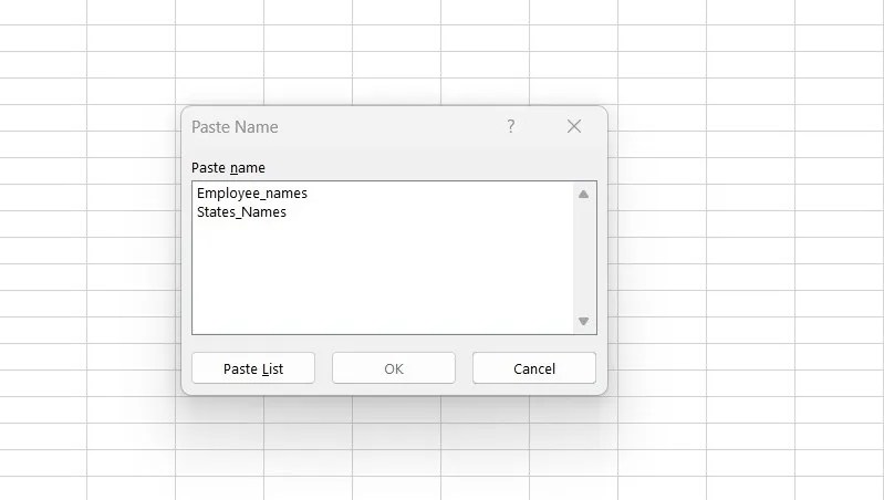 Paste Name dialog box