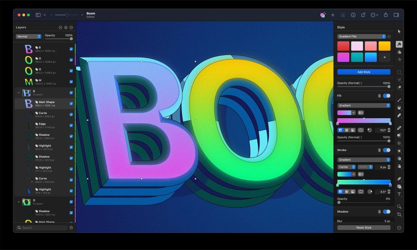 Pixelmator Pro with lots of layers opened designing a graphic.