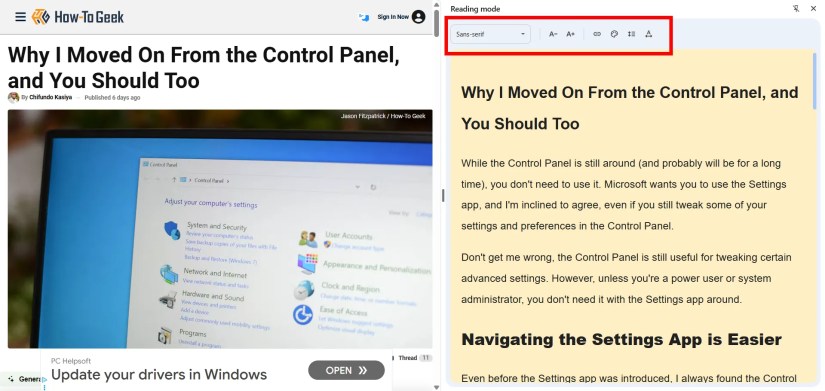 Menu to customize reading mode in Chrome.
