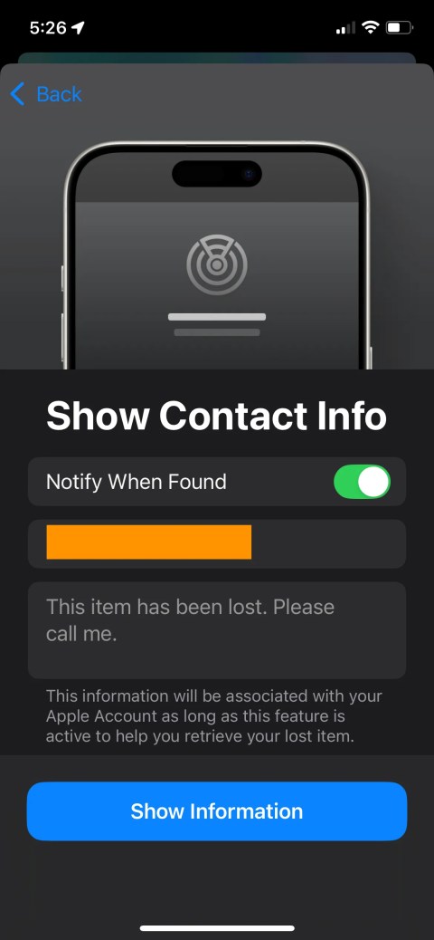 The Find My app’s Show Contact Info field.