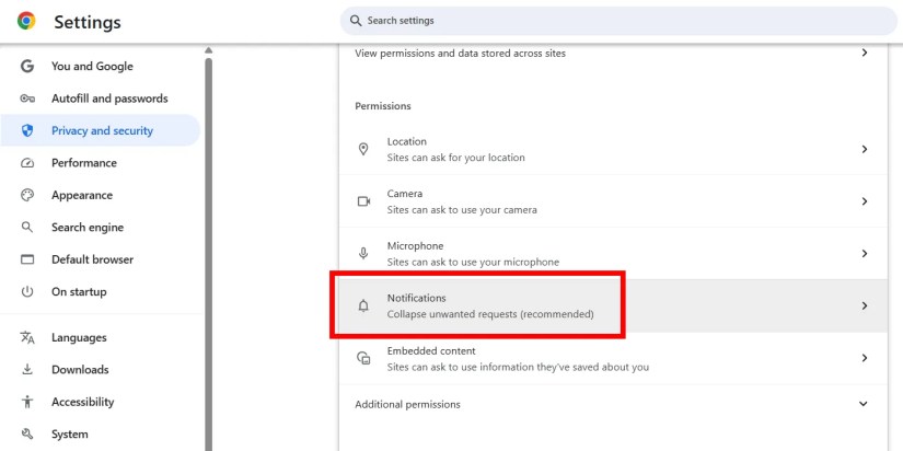 The &ldquo;Notifications&rdquo; option in Google Chrome settings.